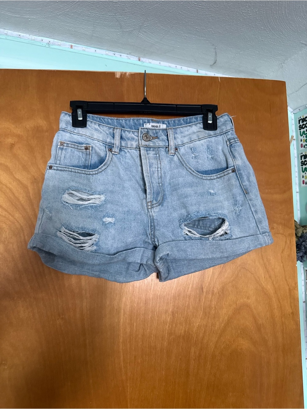 Forever 21 Light Blue High-Waist Button-Fly Denim Shorts